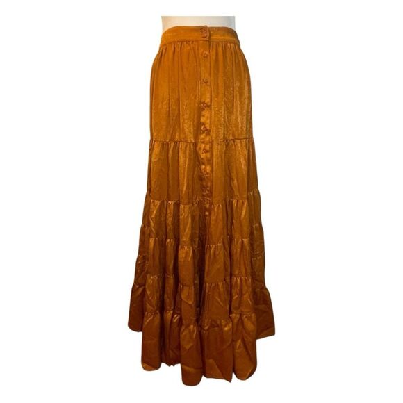 Joyfolie Dresses & Skirts - Joyfolie Button Front Tiered Maxi Skirt Rust Polyester Knit Bohemian S